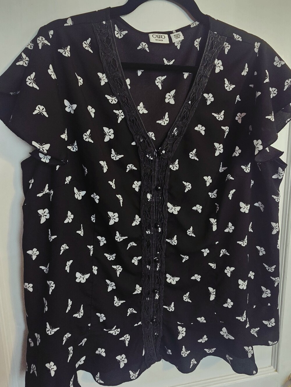 Cato Black Butterfly Button-Front V-Neck Blouse